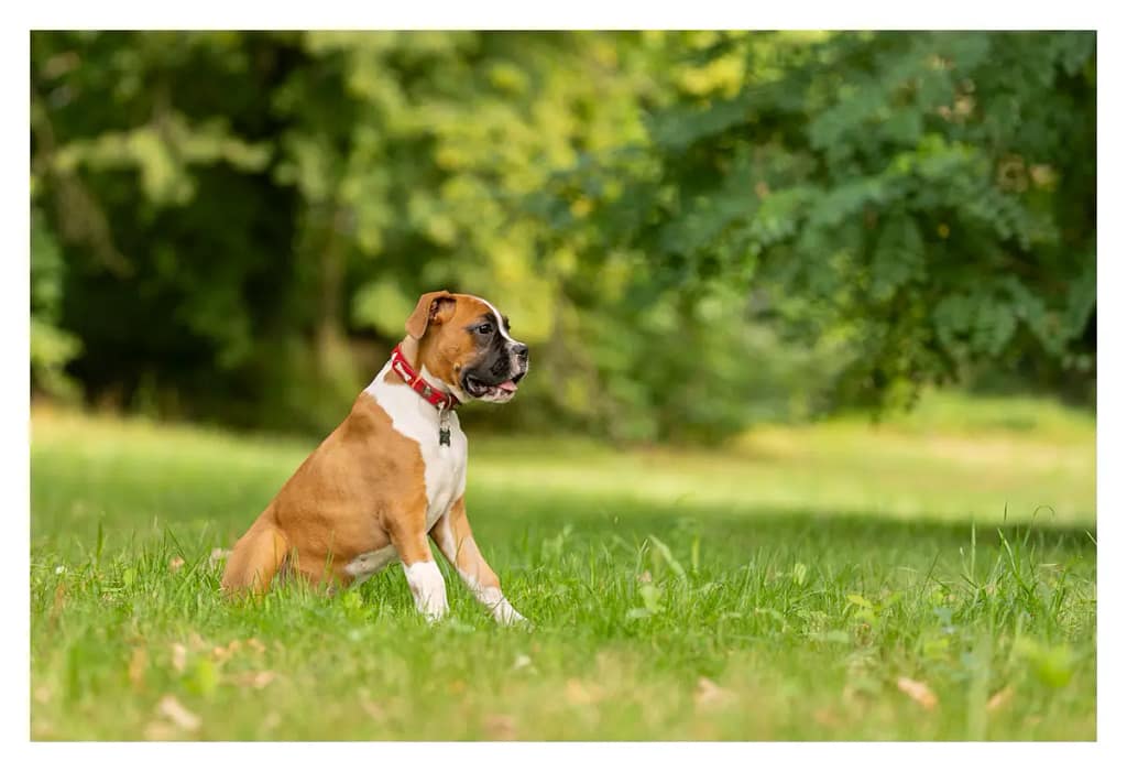 chiot boxer assis naturellement sur la pelouse - photographie canine naturelle en ile de France
