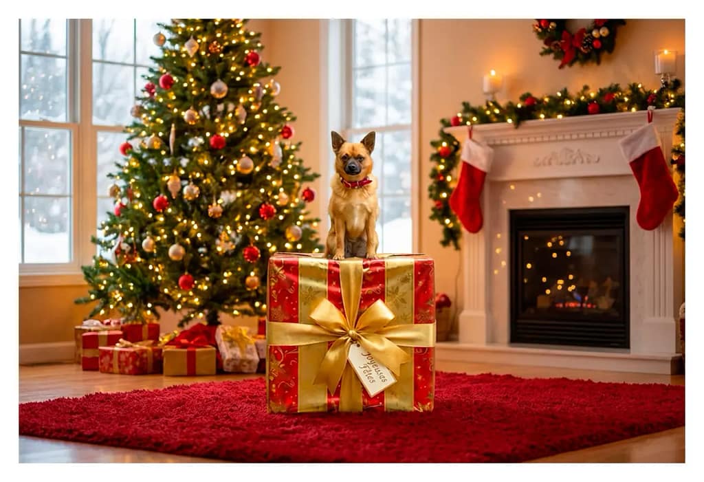 un chien posé sur un grand cadeau devant un sapin de Noël dans une ambiance chaleureuse