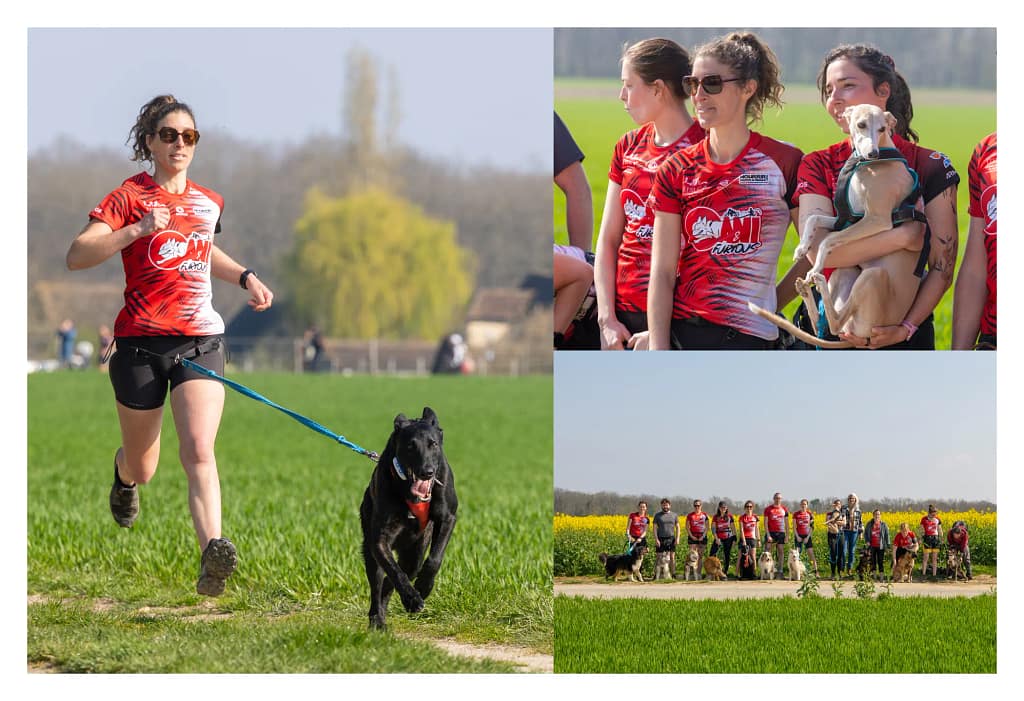 Montage avec des participants et une photo de groupe du club des Caninfurious au canicross Educhien 2026
