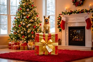 un chien posé sur un grand cadeau devant un sapin de Noël dans une ambiance chaleureuse