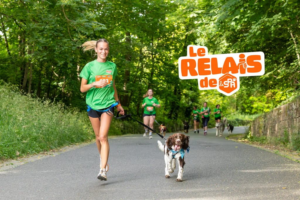 femme qui court avec son chien en canicross avec le logo "Le relais de la SPA"