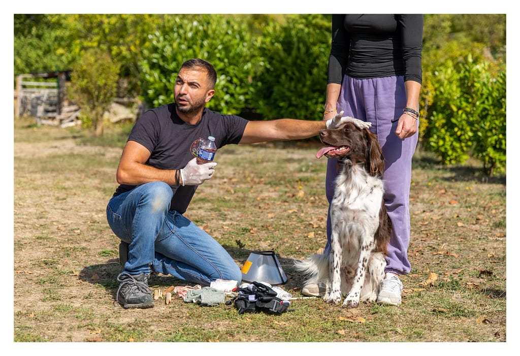 Samir Hrimach présente du matériel de premiers secours à côté d’un chien pendant la formation.
