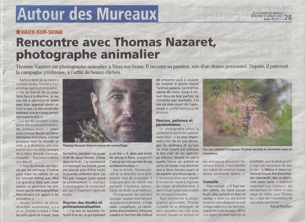 Article du Courrier de Mantes consacré au parcours de Thomas Nazaret, photographe animalier
