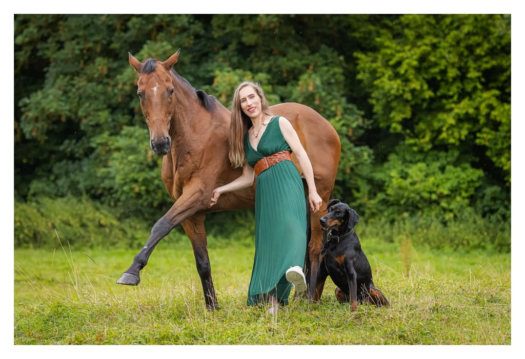 Séance photo animalière avec un cheval, un chien et leur propriétaire en pleine nature. Photographie réalisée en extérieur dans les Yvelines.