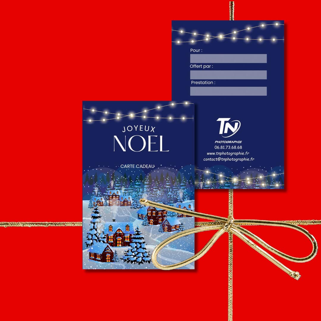 Recto verso d'une carte cadeau de Noël pour offrir une séance photo d'animal de compagnie